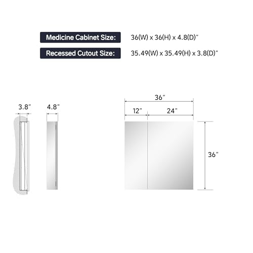 36"x36" Medicine Cabinet with Mirror & Soft Close Hinges, Surface Mount or Recessed Medicine Cabinet with Adjustable Shelves, Bathroom Wall Medicine Cabinet with Storage, Aluminum Alloy Frame, Combo - size: 36" x 36"