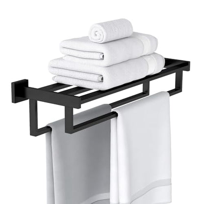 STWWO Towel Racks for Bathroom Wall Mounted, 24 Inch Black Double Towel Bar | Dual Towel Rack with Shelf, Double Towel Bar with Shelf, Stainless Steel Hand Towel Hanger, Bath Towel Holder for Wall - color: Black