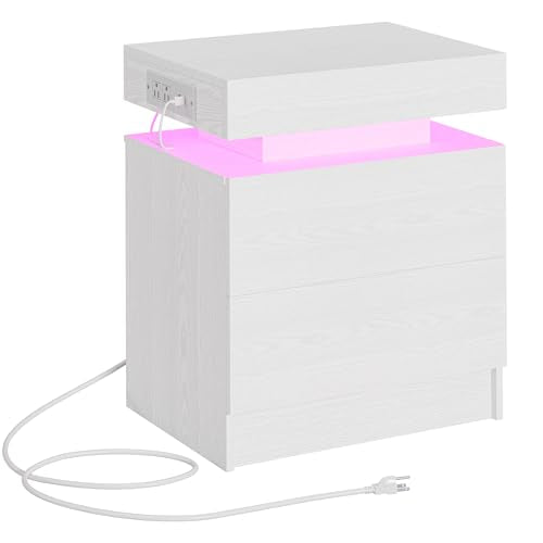 LIKIMIO Nightstand with Charging Station LED Light and 2 Drawers White | bedside table; end table; charging station; LED light; 2 drawers; White wood grain; small spaces - color: White