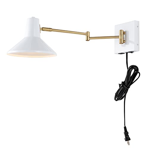 JONATHAN Y Hygge 1-Light Modern Swing Arm USB Sconce 8", White/Brass Gold | Metal Construction, Plug-In Midcentury Bedside Wall Lamp, Cone Shade, Adjustable Head, LED Bulb Included - color: White/Brass Gold