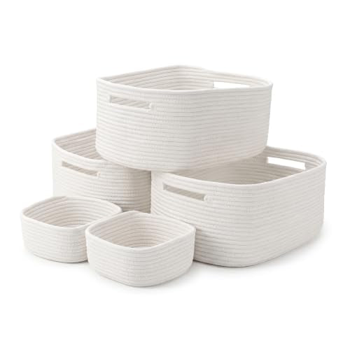 5-Pack Large Woven Rope Storage Baskets, 2 Sizes Organizer Bins | Fabric Cube Boxes and Rectangular Shallow Bins for Closet, Shelf, Bookshelf, Nursery, Changing Table, Bathroom, Toys & Home - color: white, size: 3pcs-16.92*12.99*7.08'' & 2pcs-7.08*7.08*3.