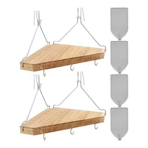 Wooden Corner Fabric Wall Cubicle Shelf 2 Pack, No Drill | Corner Fabric Wall Cubicle Shelf with 14 Haning Hooks & 4 Adhesive Hooks, Cubical Shelves Decorations, Saving Desk Space