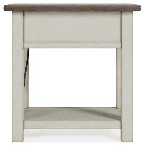 Signature Design by Ashley Bolanburg Narrow End Table, Charging Station | Slim 14-inch profile with USB charging, Wood, White oak veneers and engineered wood, Farmhouse style for small living rooms - color: Dark Brown & White