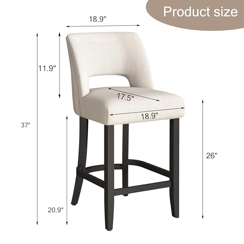 VKNOW Bar Stools Set of 2, 26" Upholstered Counter Height Bar Stools | Modern Counter Stools with Black Rubberwood Legs for Kitchen Island Dining Room Bar, Beige-Black Legs - color: Beige-black Legs, size: Set of 2