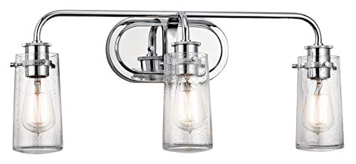 Kichler Braelyn 3-Light Industrial Vanity Light, Chrome | Clear seeded glass vanity light with vintage styling (25" x 9.5" x 9"), 45459CH - color: Chrome, size: 3-Light