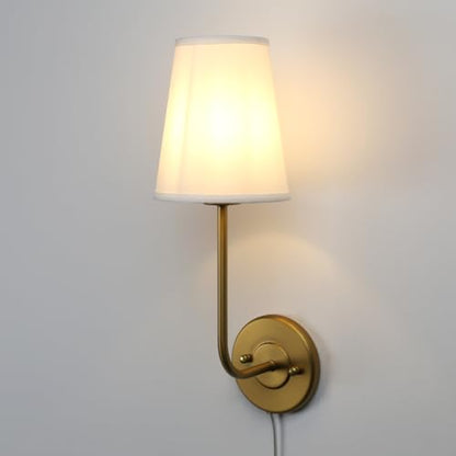 Set of 2 Plug in Wall Sconces, Rustic Wall Lighting Fixtures with On/Off Switch and Pure White Fabric Lampshade, Antique Brass Wall Lamps for Living Room Bedroom - size: 2-pack