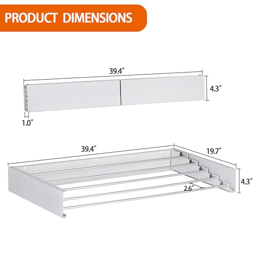 Laundry Drying Rack Wall Mounted Clothes Drying Rack Collapsible with 5 Aluminum Rods and Drilling Template Long Screwdriver Bit 60 lbs Capacity (White, 40") - color: White, size: 40"