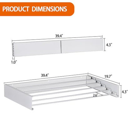 Laundry Drying Rack Wall Mounted Clothes Drying Rack Collapsible with 5 Aluminum Rods and Drilling Template Long Screwdriver Bit 60 lbs Capacity (White, 40") - color: White, size: 40"