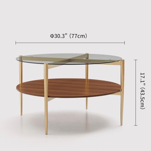 LumFurn Round Coffee Table, Mid-Century Modern Design, D30“ x H17”, for Living Room, 2-Tier Structure, Clear Glass Top and Walnut MDF Shelf, Sleek Conical Metal Legs with Gold Finish - color: D30" Clear & Walnut