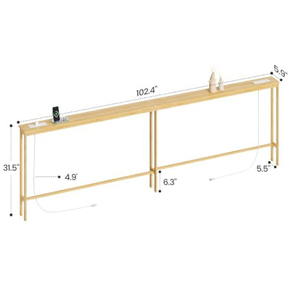 ELYKEN Bamboo 102.4'' Narrow Console Table, Long Sofa Table Behind Couch | Slim Entryway with Outlet, Skinny Hallway Table with Charging Station for Living Room, Foyer, Entrance, Natural - color: Natural, size: 5.9"D x 102.4"W x 31.5"H