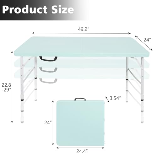 Portable 4Ft Folding Table, Heavy Duty Plastic Fold-in-Half Utility Foldable Table, Adjustable Height Plastic Folding Table with Carrying Handle for Camping &Party Indoor/Outdoor (Light Blue) - color: Light Blue, size: 4Ft