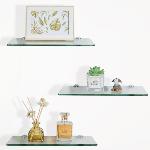 SAYAYO Glass Floating Shelves for Wall, Tempered Glass Shelves for Bathroom | Living Room, Bedroom, Office, Toilet, Kitchen Decor, 12 Inch Set of 3, Clear - color: Clear, size: 3 PCS