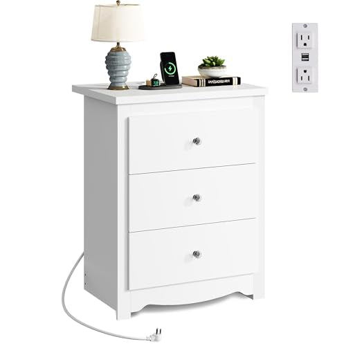 WLIVE Tall Nightstand with Charging Station, Wood Bedside Table, White | 3 Drawers Storage, Power Outlets(2AC+2USB), Easy Assembly, Premium Eco-friendly Wood, White Night Stand for Bedroom - color: White