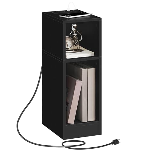 MAHANCRIS Narrow Nightstand, Narrow End Table with Charging Station, Skinny Bedside Table for Small Spaces, Mid Century Modern Night Stand for Bedroom, Living Room, Black ETBK30E01 - color: Black