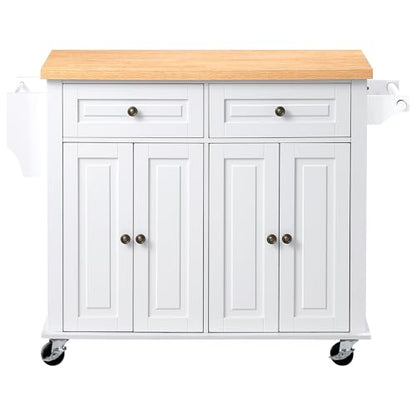 VEVOR Kitchen Island Cart with Storage, 43.7 in Wide Mobile Rolling Storage Island on Swivel Wheels, with 2 Drawers, Storage Cabinet, Spice/Towel Rack, Hooks, Table for Home Dining Room, White | Home Dining Use, Spice Towel Rack With Hooks, Cabinet Shelve
