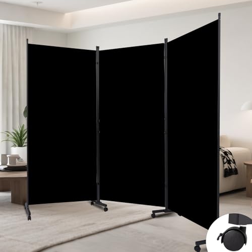 Folding Room Divider W/Wheels,Heavy Duty Base Privacy Screen Separator | 360° Smooth Lockable Rolling Wheels,Foldable Freestanding Wall Divider,Easy Movable Partition for Room Separation - color: Black, size: B-102''-3 Panel