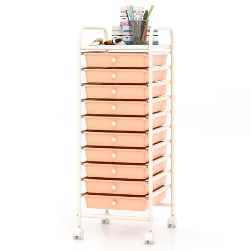 COSTWAY 10-Drawer Rolling Storage Cart, Utility Mobile Trolley | Removable Drawers & Universal Casters & 2 Brakes, Versatile Flexible Drawer Organizer Cart for Home, Office (Peach) - color: Peach, size: 13"L x 15"W x 34"H (10 Drawer)