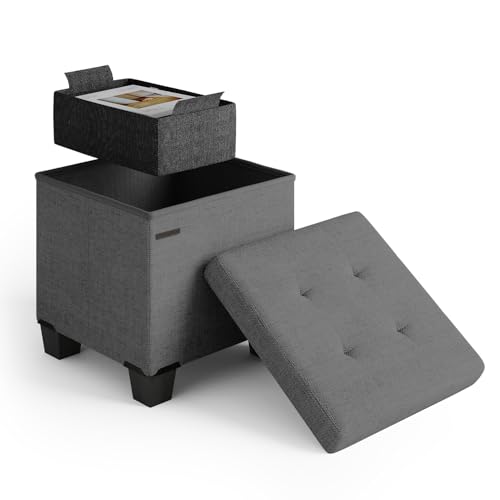 Storage Ottoman Cube with Small Bin, 15-in Square Ottoman with Storage for Living Room and Bedroom, Small Ottomans Foot Rest, Fabric Foot Stools Ottomans Max 330lbs, Grey - color: 02 - Grey
