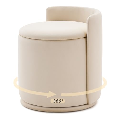 360° Swivel Makeup Chair with Storage, Upholstered Accent Stool with Back, Round Vanity Stool Ottoman for Living Room, Makeup Room, Bedroom (Cream) - color: Cream