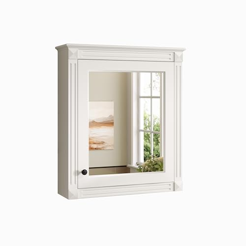 Merax Bathroom Medicine Cabinet with Mirror Door & Adjustable Shelves | 24" x 28" Wall Mounted Bathroom Storage Cabinet with Mirror, Over the Toilet Bathroom Wall Cabinet - color: White, size: 24"