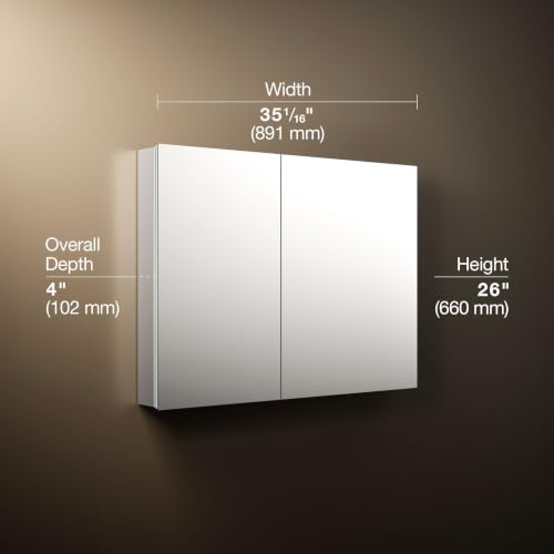 Kohler 55065-NA Embark Slim Two-Door Medicine Cabinet Mirror, Adjustable Shelves with Mirrored Doors, 35 in. W x 26 in. H - size: 35 in. x 26 in., style: Flat Edge