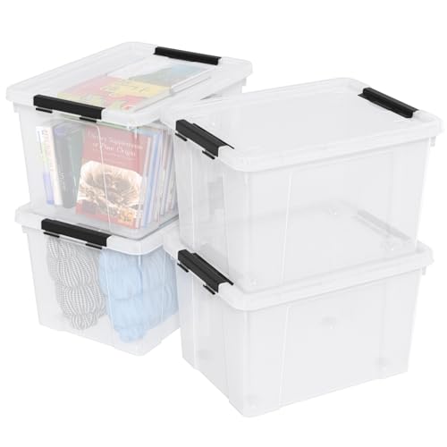50 Quart Large Storage Box, Clear Storage Bin with Wheels, 4-Pack | Large Capacity, Transparent Clear Plastic, Secure Black Side Latches, Built-In Rolling Wheels - size: 50 quart