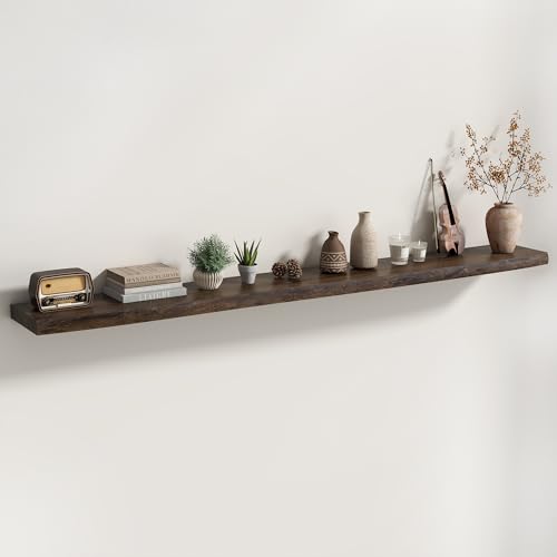 Fun Memories Floating Shelves for Wall, Solid Elm Wood Live Edge Floating Shelf, 72 x 8 Inch Rustic Wall Shelf with Invisible Brackets for Living Room Bedroom Kitchen, Walnut - color: Walnut Finish, size: 72", Single