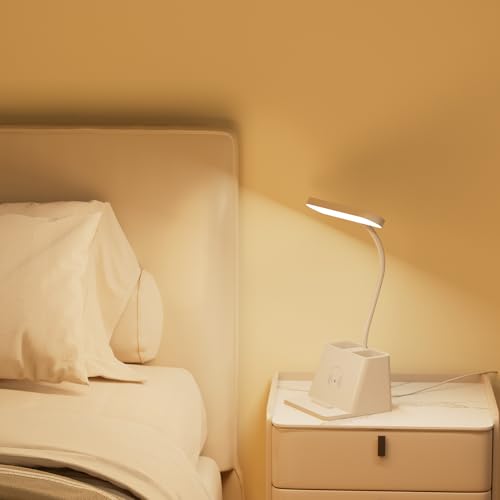Desk Lamp with Fast Wireless Charger, College Dorm Room Table Light | 18 in, Adjustable LED, White, Small, Cute, for Home Office, with Charging Station, Pencil Holder