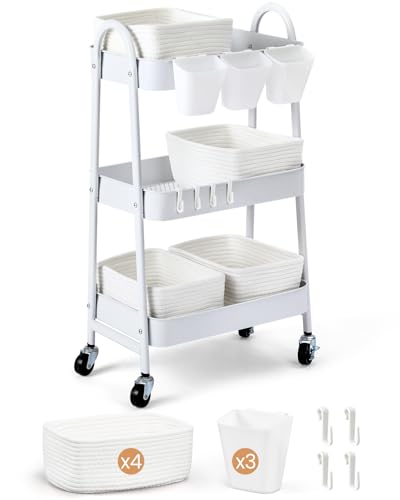 3-Tier Rolling Utility Cart with 4 Woven Baskets, Diaper Book Snack Cart, Storage Organizer for Nursery, Kitchen, Craft Room, Home SPA, Living Room, Metal Frame Trolley on Lockable Wheels, White - color: White