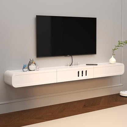 Floating TV Stand in Solid Wood, 71'' High Gloss Wall Mounted TV Cabinet, Floating TV Shelves with Door & Drawers, Modern Entertainment Media Console Center Large Storage Under TV - size: 70.86''