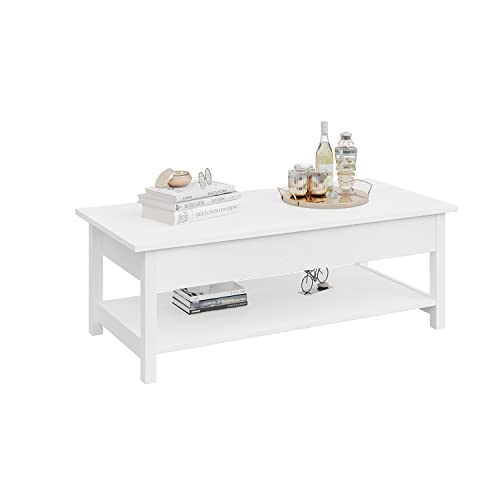 Panana Lift Top Coffee Table with Hidden Compartment and Open Shelf, Lift Tabletop Pop-Up Coffee Table for Living Room, 45.28" L, White - color: White
