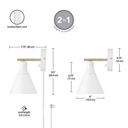 Globe Electric 65542 1-Light Plug-in or Hardwire Wall Sconce, Matte White, Brass Accent, Stepless Dimming Rotary Switch, Fabric Cord, Modern Lighting for Apartment or Renters, Home Decor