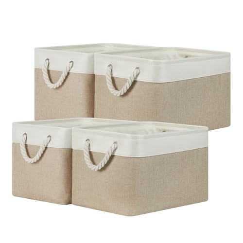 Temary Fabric Storage Baskets 4Pack Storage Bins Decorative Basket for Gift, Clothes Bin with Rope Handle, Rectangle Baskets for Storage, Blankets(White&Khaki,15x11x9.5 inch) - color: white&khaki, size: 15"L x 11"W x 9.5"H