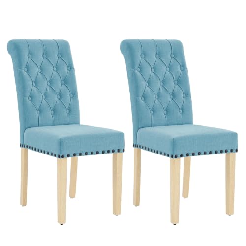adochr Dining Chairs Set of 2, Linen Armless Parsons Chairs,Light Blue | Wooden Legs & Tufted Buttons, Upholstered Dining Room Chair for Kitchen/Dining/Living Room - color: Light Blue, size: 2PCS