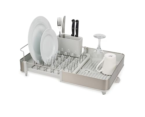 Joseph Joseph Extend Steel Expandable Dish Drying Rack with Removable Cutlery Holder Swivel Draining Spout, Stainless Steel - color: Light Stone, style: 1-tier
