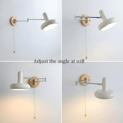 Modern Industrial Adjustable Swing Arm Wall Lamp Pull Chain Switch Wall Sconce Iron Wood Wall Light Fixture for Bedroom Bedside Study Reading Living Room Decorative Lighting
