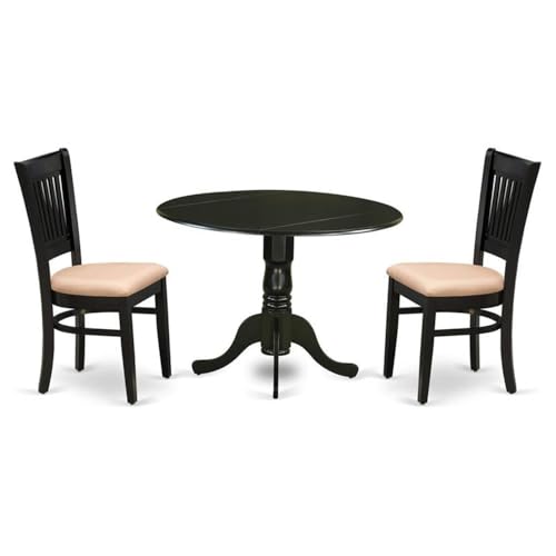 East West Furniture DLVA3-BLK-C 3 Piece Kitchen Table Set for Small Spaces Contains a Round Dining Room Table with Dropleaf and 2 Linen Fabric Upholstered Chairs, 42x42 Inch, Black - color: Dlva3-blk-c