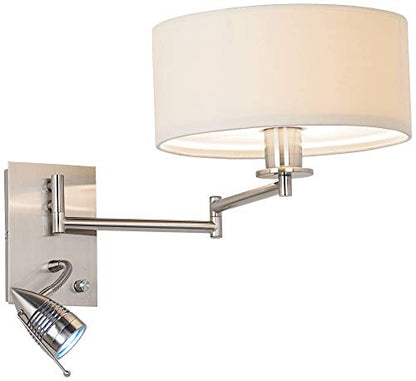 Radix Plug-In Swing Arm Wall Lamp with LED Reading Arm Modern Light Fixture | Mounted Adjustable Brushed Nickel Off White Drum Shade for Bedroom Bedside House Living Room Home Hallway - color: Brushed Nickel