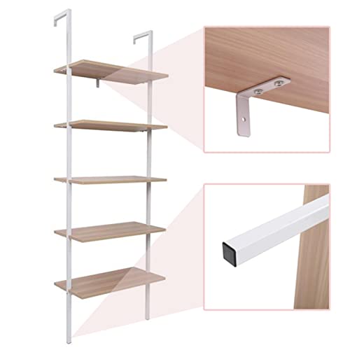 Industrial Bookcase Ladder Shelf, 5-Tier Wall Mounted Bookshelf Open Display Rack, Wood Storage Shelves for Bedroom, Home Office, Collection, Entryway and Hallway, Walnut