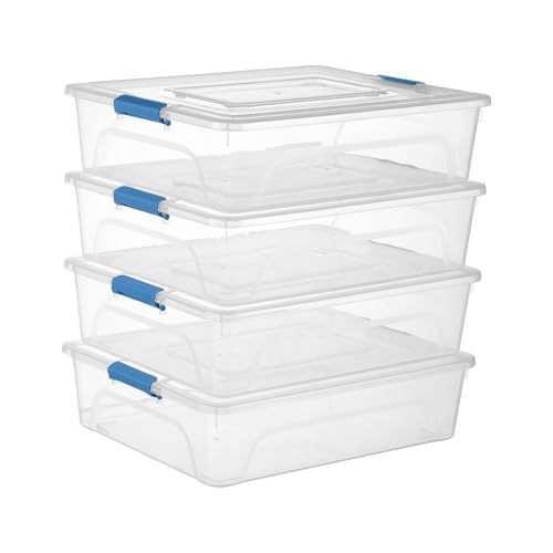 4 Pack Clear Plastic Storage Bins with Blue Lids Stackable Storage Box | Multifunctional Design,Stackable,See Through,Versatile Organization,Space-Saving,Durable,Dust Protection - size: Large 4Pack Blue