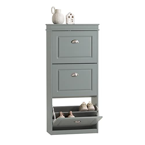 Haotian FSR94-HG, Grey Shoe Storage Cabinet with 3 Flip Drawers, Freestanding Shoe Rack, Shoe Storage Cupboard Organizer(9.4" D x 20.9" W x 46.1" H) | Freestanding Shoe Rack for Entryway, Shoe Organizer with Hidden Drawer, Grey, FSR94-HG - color: Grey, si