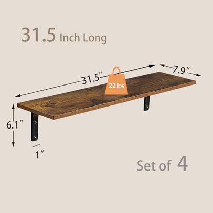 Long Wall Shelves, 31.5Inch Wooden Wall Mounted Shelves, Set of 4 | Large Floating Book Shelf, Metal Brackets, Easy Assembly, Max Load 22lbs, Wall Storage Ledges, Bedroom/Bathroom, Rustic Brown - color: Rustic Brown, size: 31.5 Inch (4 Pack)