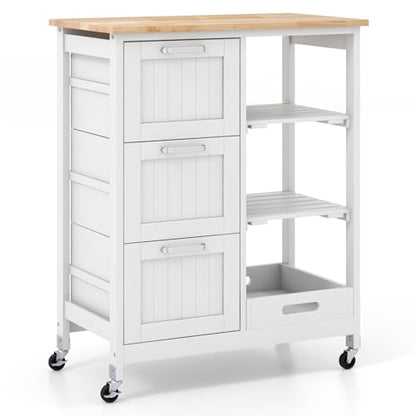 COSTWAY Kitchen Storage Island Cart on Wheels, Kitchen Rolling Trolley Cart | with 3 Drawers and Shelves, 360° Wheels & Detachable Tray, Kitchen Island for Dining Room, Living Room & Bedroom - color: White