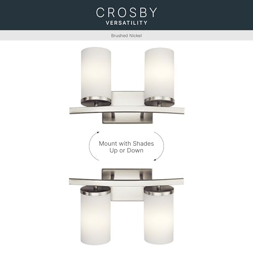 Kichler Crosby 2-Light Bathroom Vanity Light, Brushed Nickel | Satin etched cased opal glass vanity light for modern bathrooms (15" x 8.75" x 15"), 45496NI - color: Brushed Nickel, size: 2 Light, style: Satin Etched Cased Opal Glass