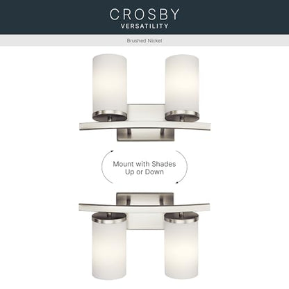 Kichler Crosby 2-Light Bathroom Vanity Light, Brushed Nickel | Satin etched cased opal glass vanity light for modern bathrooms (15" x 8.75" x 15"), 45496NI - color: Brushed Nickel, size: 2 Light, style: Satin Etched Cased Opal Glass