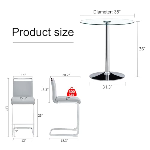 gopop 3 Piece Dining Table Set for 2, Modern Round Glass Counter Height Pub Table, Compact High Top with Bar Stools Pub Dining Set for Kitchen, Breakfast Room, Dining Room. (Light Grey, 3 Piece) - color: Light Grey