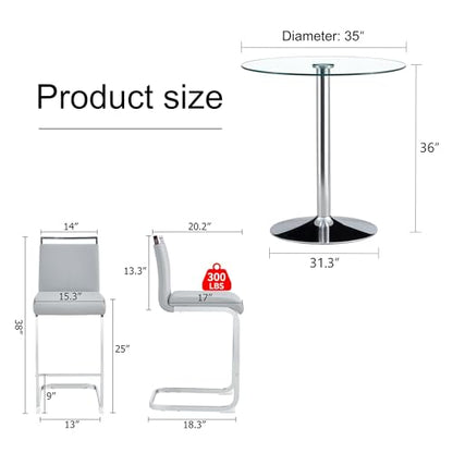 gopop 3 Piece Dining Table Set for 2, Modern Round Glass Counter Height Pub Table, Compact High Top with Bar Stools Pub Dining Set for Kitchen, Breakfast Room, Dining Room. (Light Grey, 3 Piece) - color: Light Grey