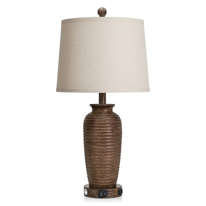 CINSARY 25" Retro Walnut Brown Farmhouse Jar Table Lamps Set of 2, 3 Way Touch Control Rustic Bedside Lamps with USB A+C Ports & AC Outlet, Pot Nightstand Lamps for Bedroom Living Room - color: Walnut Brown