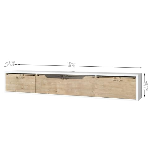Atelier Mobili Floating TV Stand for Up to 80 Inch TVs – Wall Mounted Media Console with Handle-Free Doors – Modern Entertainment Center with Hidden Storage – White and Oak Finishes (White/Oak) - color: White / Oak