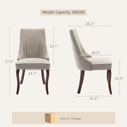 Upholstered Dining Chairs Set of 2, High Back Side Chairs for Kitchen and Dining Room, Mid-Century Modern Fabric Seating with Solid Wood Legs, Beige - color: Beige, size: Set of 2